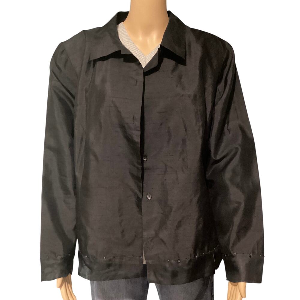 Avenue 100% Silk Black Beaded Hem Blazer Jacket Plus Size 16W